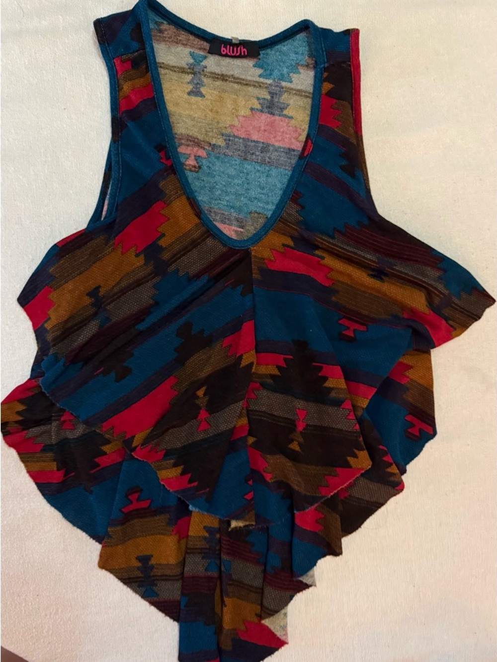 Blush Teal Aztec Ruffle Tank with blue and Brown Accents